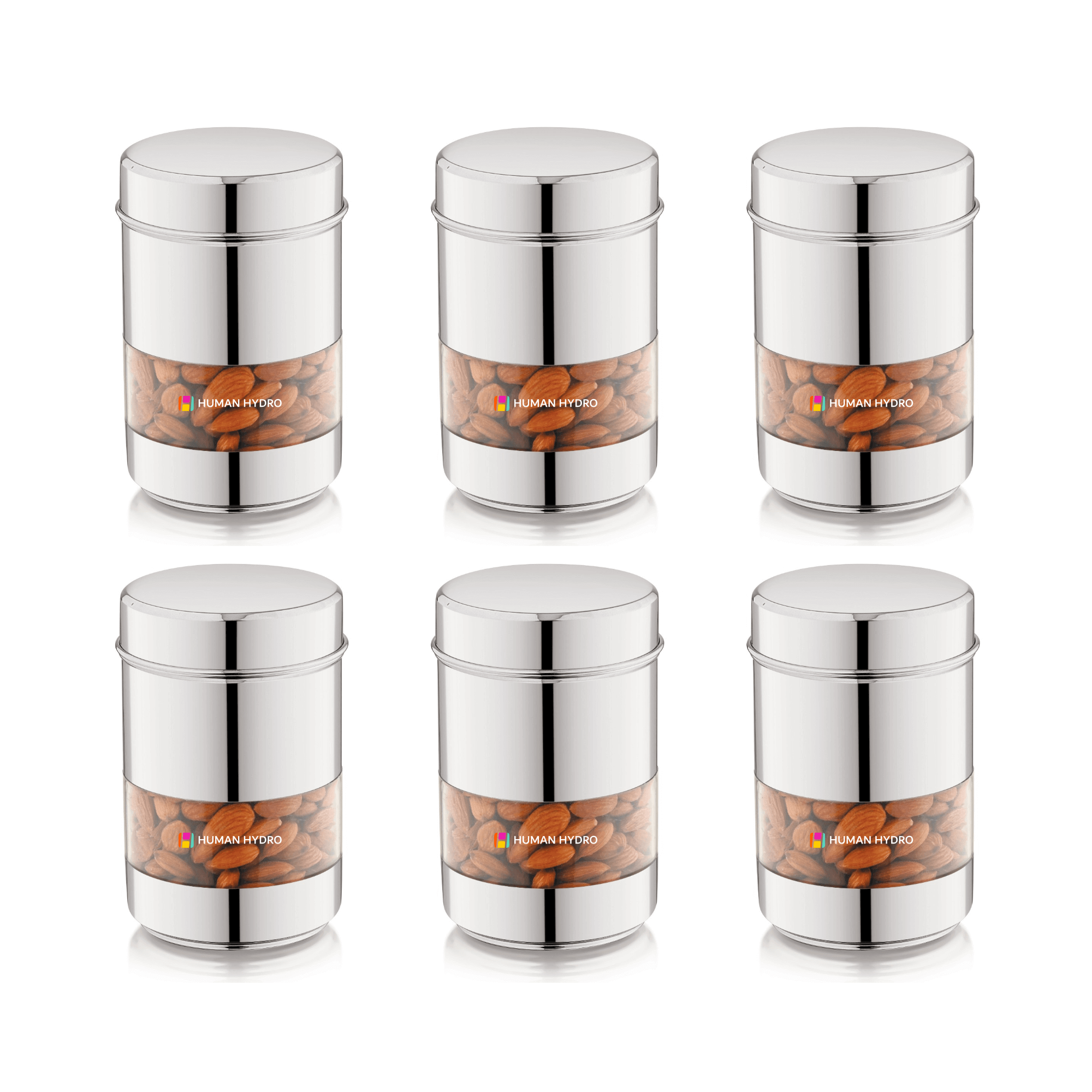 Set of 6 stainless steel storage containers with transparent windows, ideal for storing snacks, spices, and dry fruits.