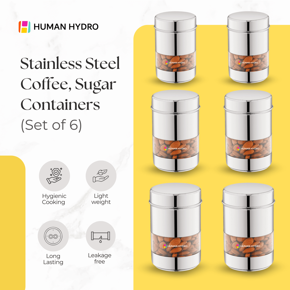 Stainless steel storage containers set of 6, airtight, with transparent windows for spices and snacks organization.