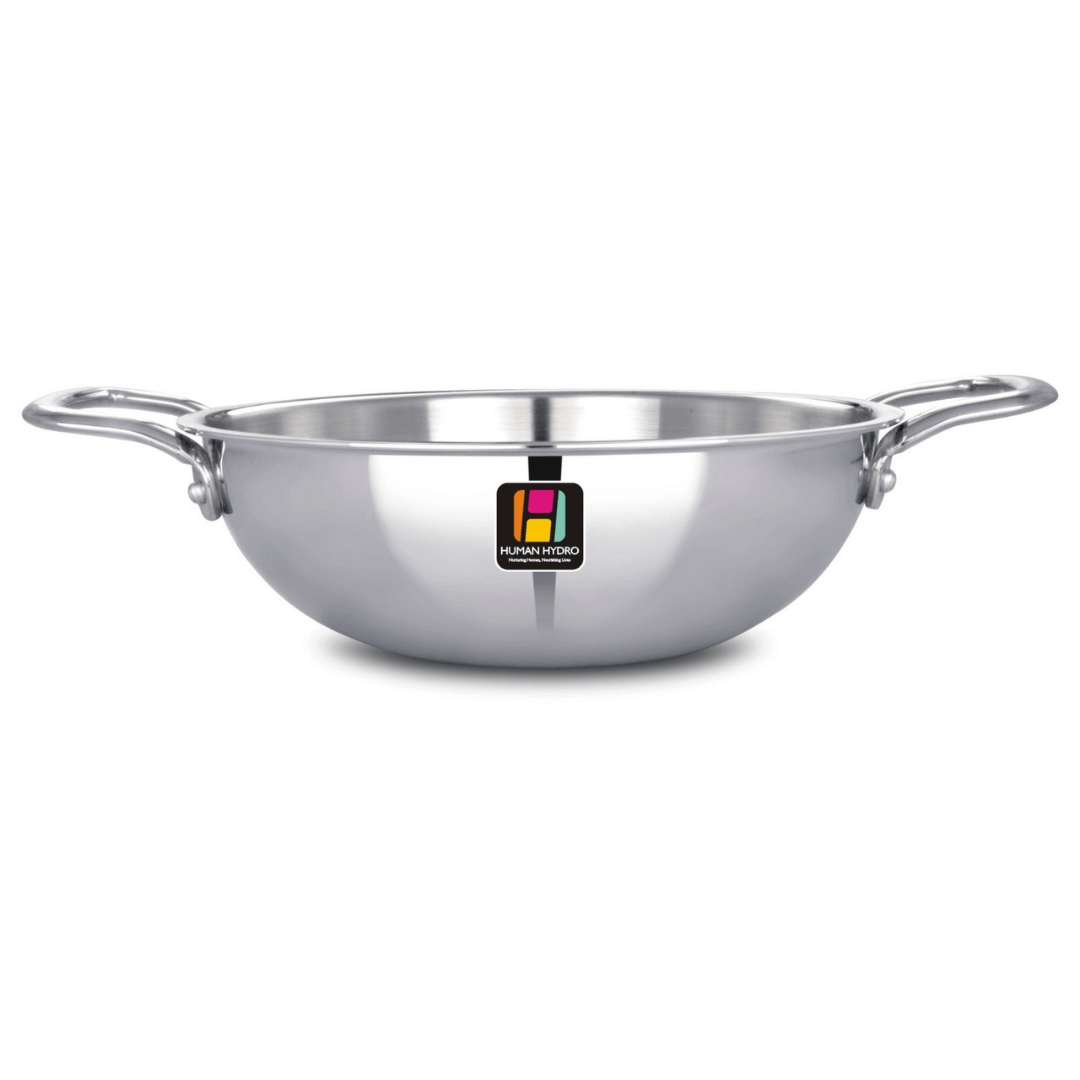 Human Hydro Tri-Ply Stainless Steel Kadai, 22CM, ideal for deep frying and stir-frying, featuring sturdy handles.