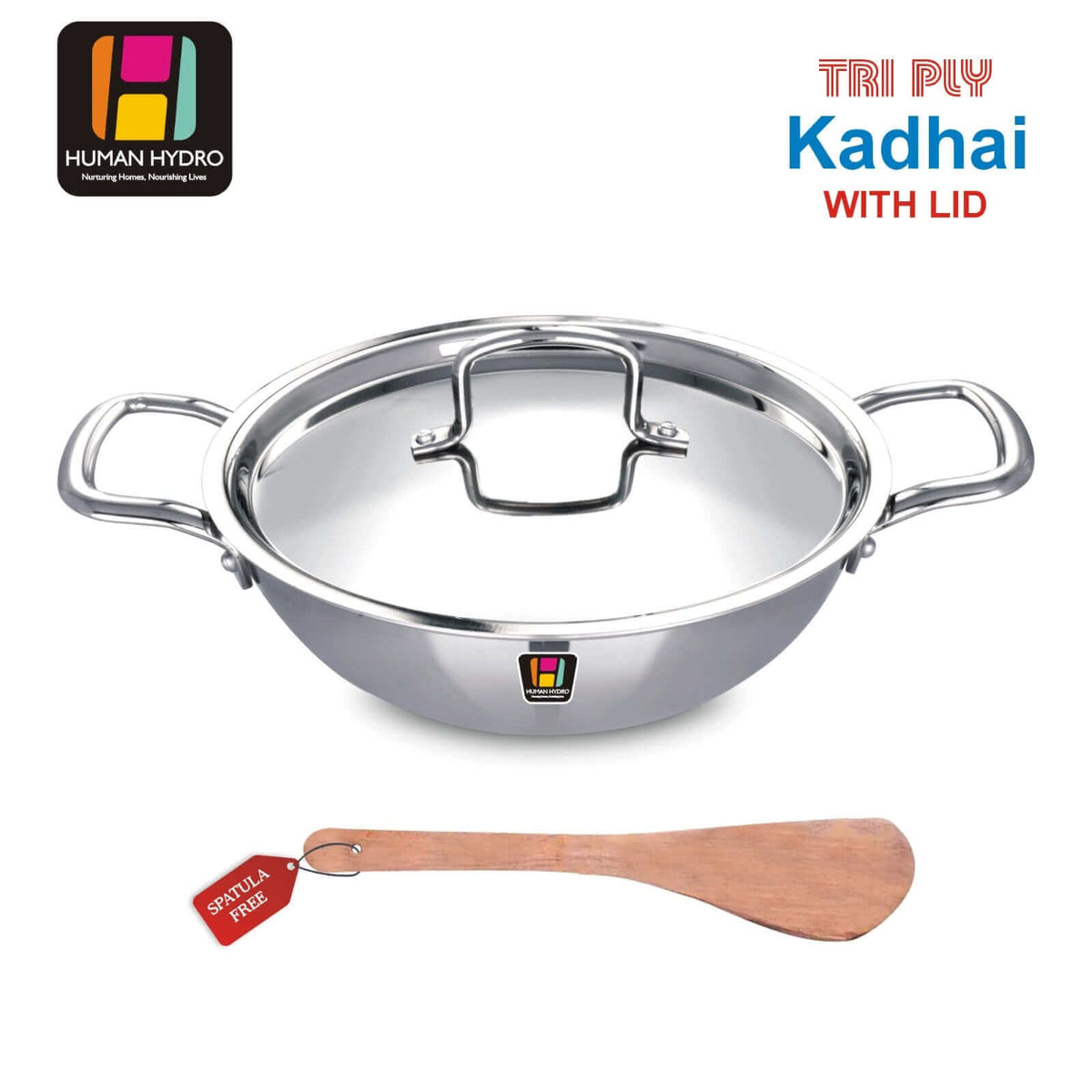 Tri-Ply Stainless Steel Kadai with lid and spatula, durable cookware for deep frying and stir-frying.
