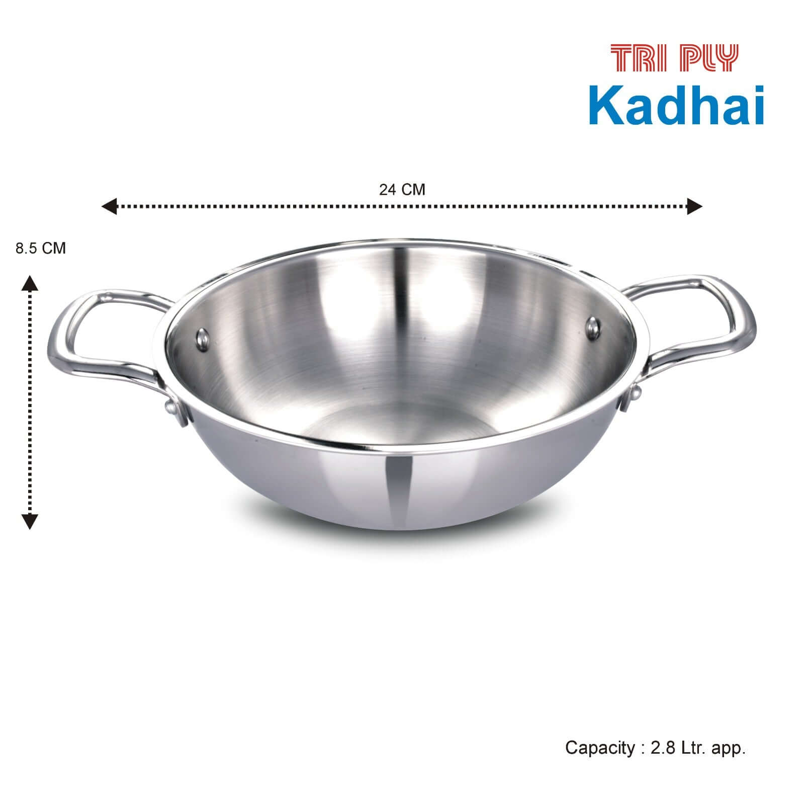 Tri-Ply Stainless Steel Kadai, 24CM, 2.8L, deep frying cookware with handles, induction and gas compatible.