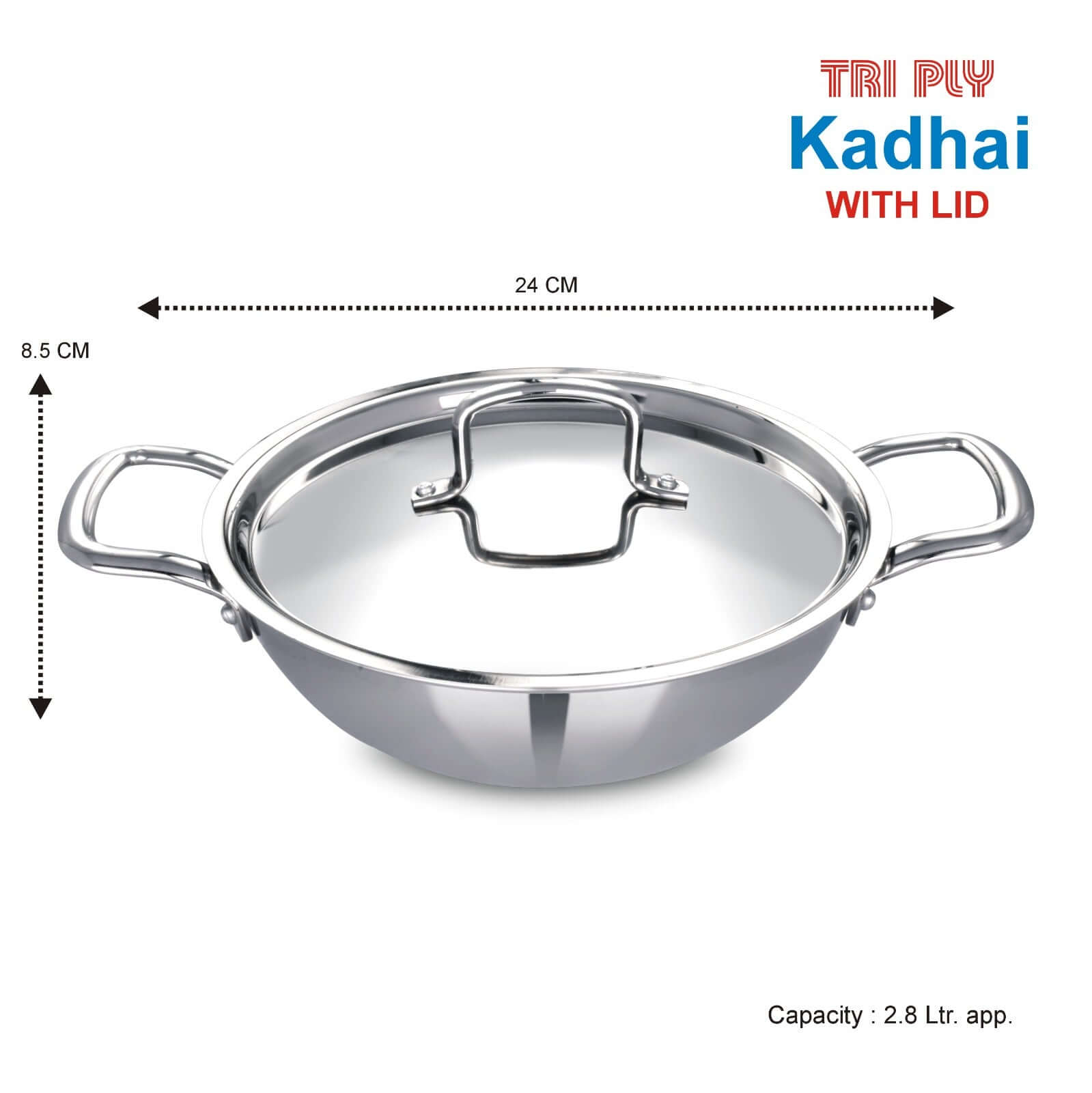 Tri-Ply stainless steel kadai with lid, 24CM, 2.8L capacity, ideal for deep frying and stir-frying.