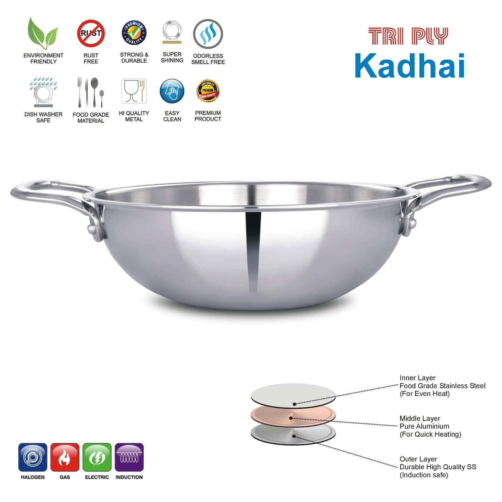 Tri-Ply Stainless Steel Kadai, 24CM, suitable for gas and induction, designed for even heat distribution and durability.