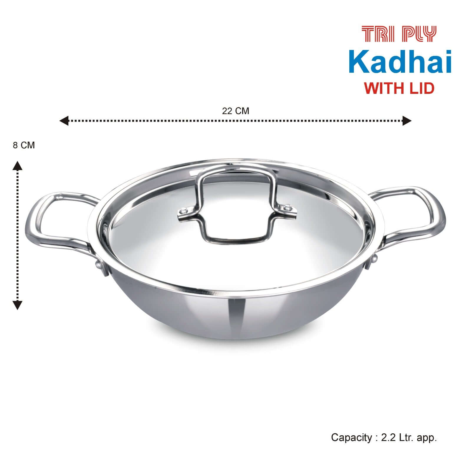 Tri-Ply Stainless Steel Kadai with Lid, 22CM, 2.2L capacity, perfect for deep frying and curries.