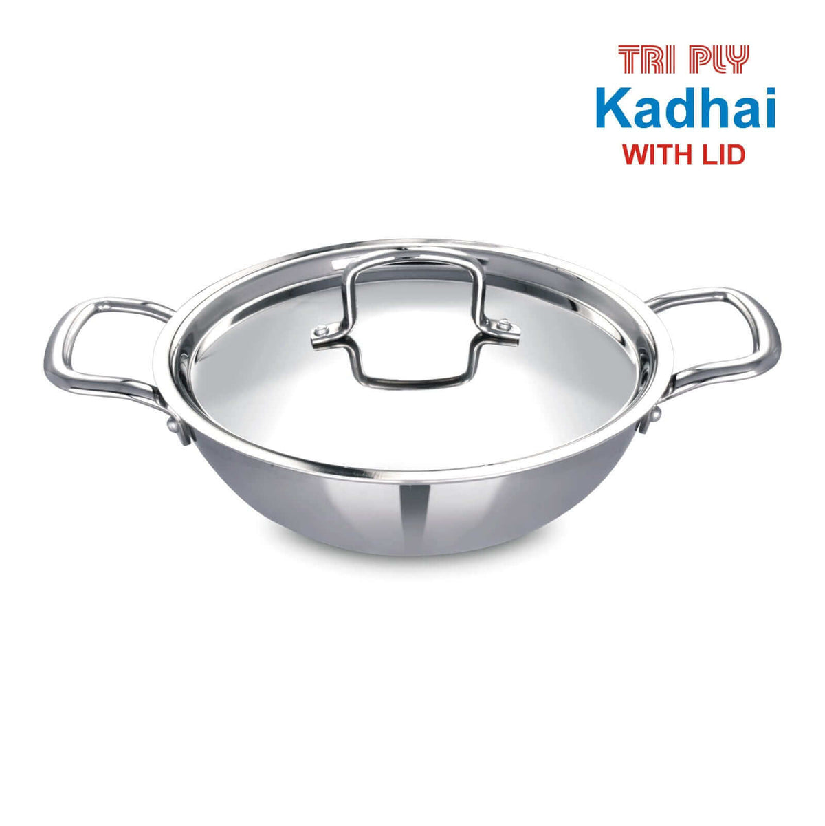 Tri-Ply Stainless Steel Kadai (22CM) with Lid, ideal for deep frying and stir-frying, induction and gas compatible.