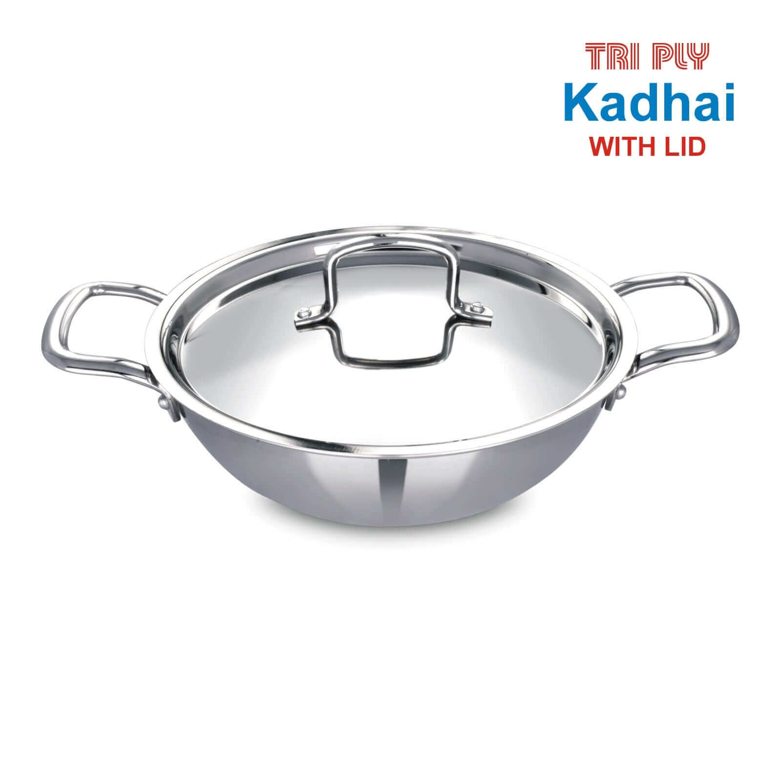 Tri-Ply Stainless Steel Kadai (22CM) with Lid, ideal for deep frying and stir-frying, induction and gas compatible.