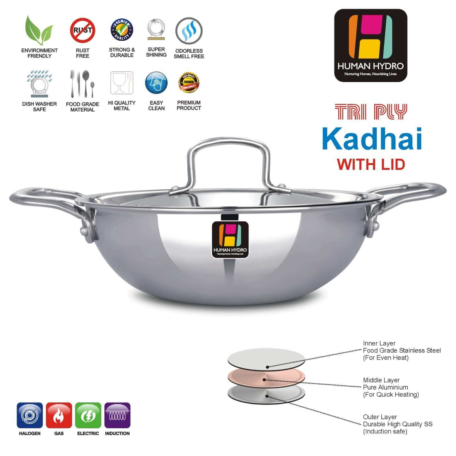 Tri-Ply Stainless Steel Kadai with lid, 22CM, ideal for deep frying and stir-frying, compatible with induction and gas.