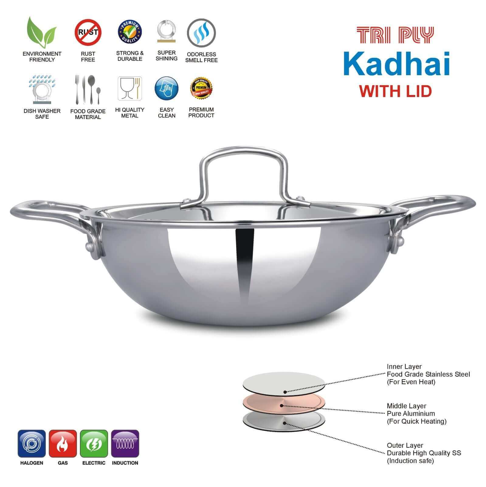 Tri-Ply Stainless Steel Kadai with Lid, 22CM, durable cookware for deep frying and stir-frying.