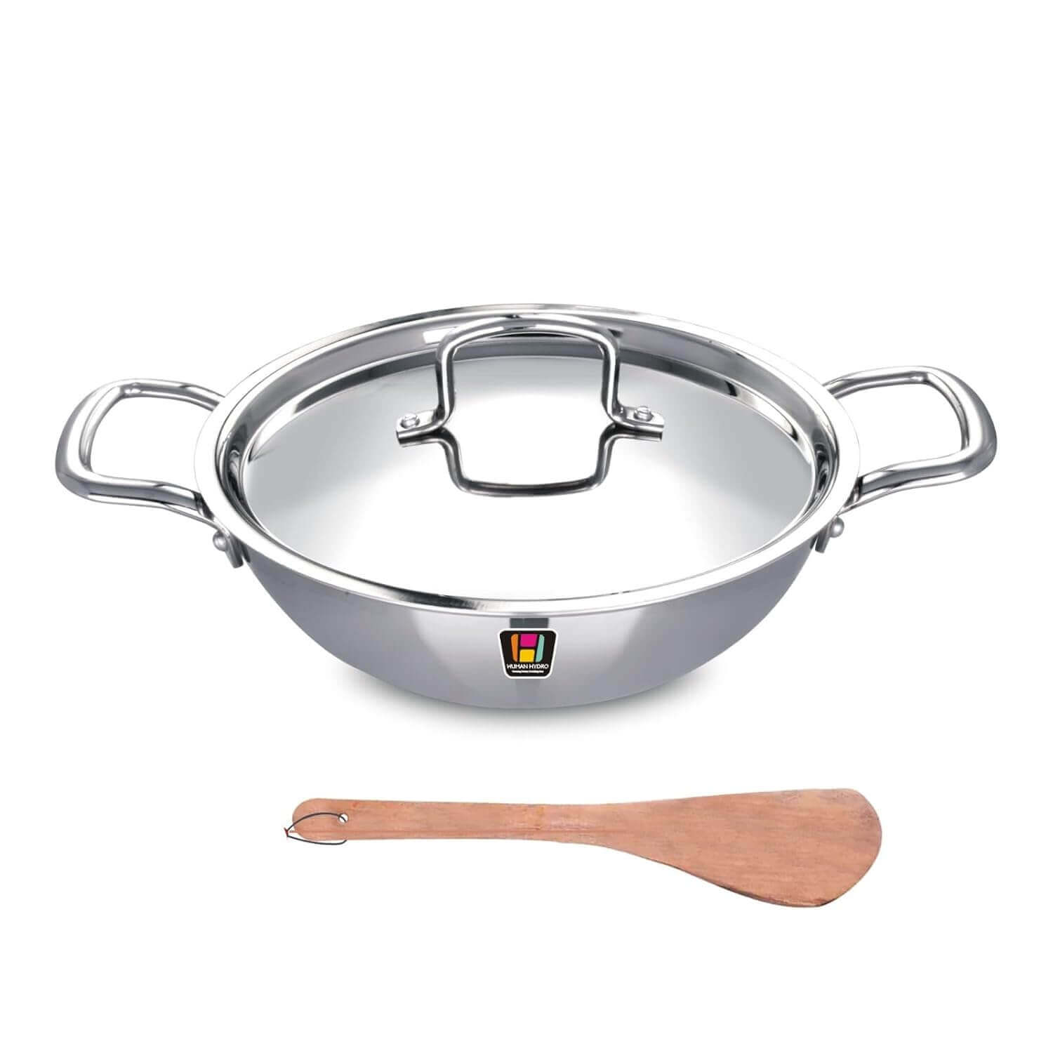 Tri-Ply Stainless Steel Kadai with lid and wooden spatula, ideal for frying and curries, 22CM (2.2L).