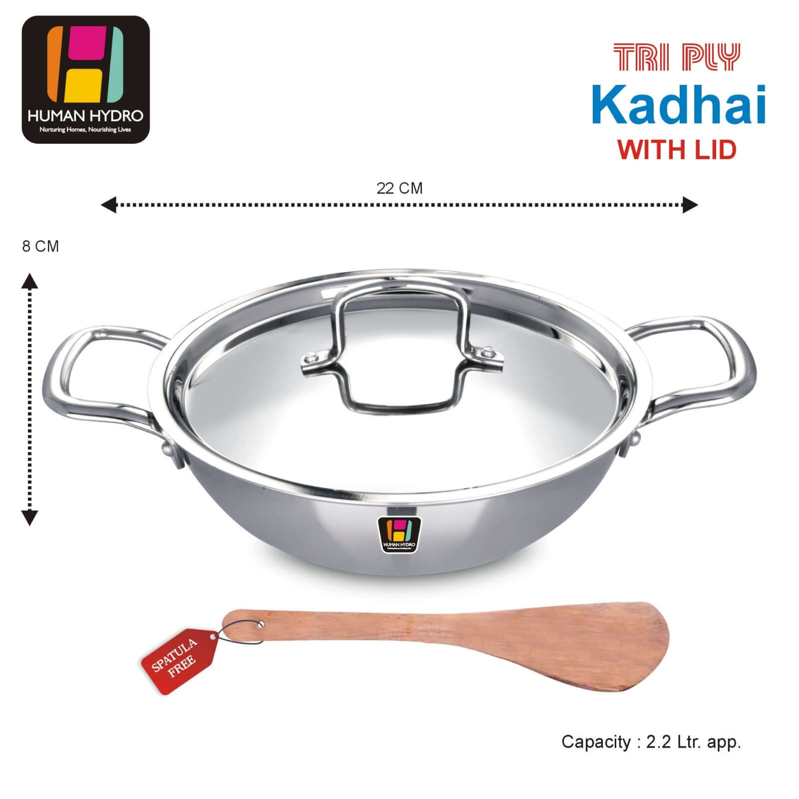 22CM Tri-Ply Stainless Steel Kadai with lid and spatula, ideal for deep frying and stir-frying.