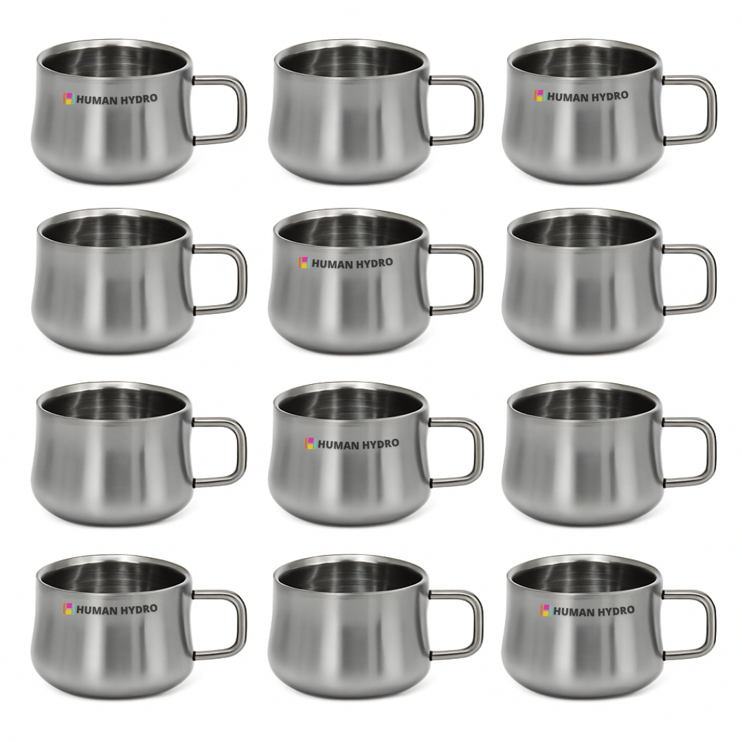Set of 12 Wide Mini Steel Mugs (120ml Each) Premium Stainless Steel Tea Cups, Spill-Proof Rim, Durable, Rust-Free & Dishwasher Safe