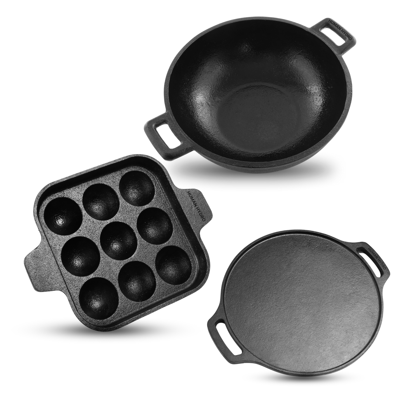 Three versatile cast iron cookware pieces: a deep pan, a round skillet, and a mini muffin pan.