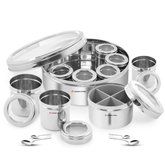 12-in-1 stainless steel masala dabba with see-through lid and mini spice containers for kitchen organization.