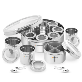 12-in-1 stainless steel masala dabba with see-through lid and mini spice containers for kitchen organization.