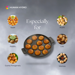 12-Pit Cast Iron Paniyaram Pan with 4mm Glass Lid & Wooden Spatula, 20CM, Pre-Seasoned, Naturally Nonstick, Non-toxic, Gas & Induction Friendly