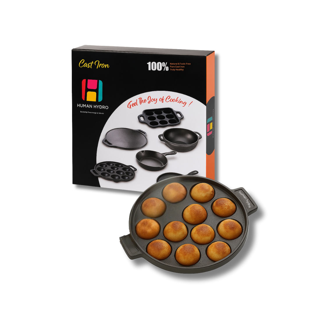 Cast Iron 12-Pit Paniyaram Pan, 20CM, 2.2KG, Naturally Nonstick, Induction & Gas Compatible