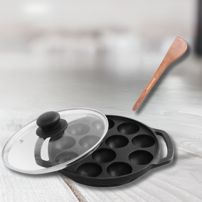 12-Pit Cast Iron Paniyaram Pan with 4mm Glass Lid & Wooden Spatula, 20CM, Pre-Seasoned, Naturally Nonstick, Non-toxic, Gas & Induction Friendly