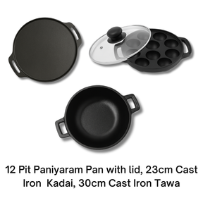12-pit Paniyaram Pan with Lid, Kadai & Tawa Text