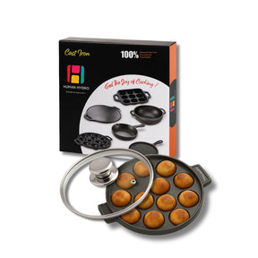 Cast Iron 12-Pit Paniyaram Pan with 4mm Glass Lid, 20CM, Naturally Nonstick, Induction & Gas Compatible