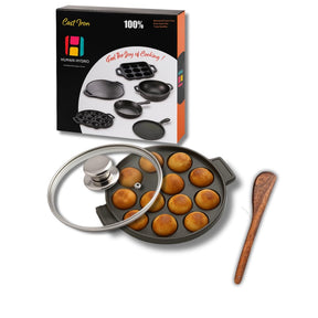 12-Pit Cast Iron Paniyaram Pan with 4mm Glass Lid & Wooden Spatula, 20CM, Pre-Seasoned, Naturally Nonstick, Non-toxic, Gas & Induction Friendly