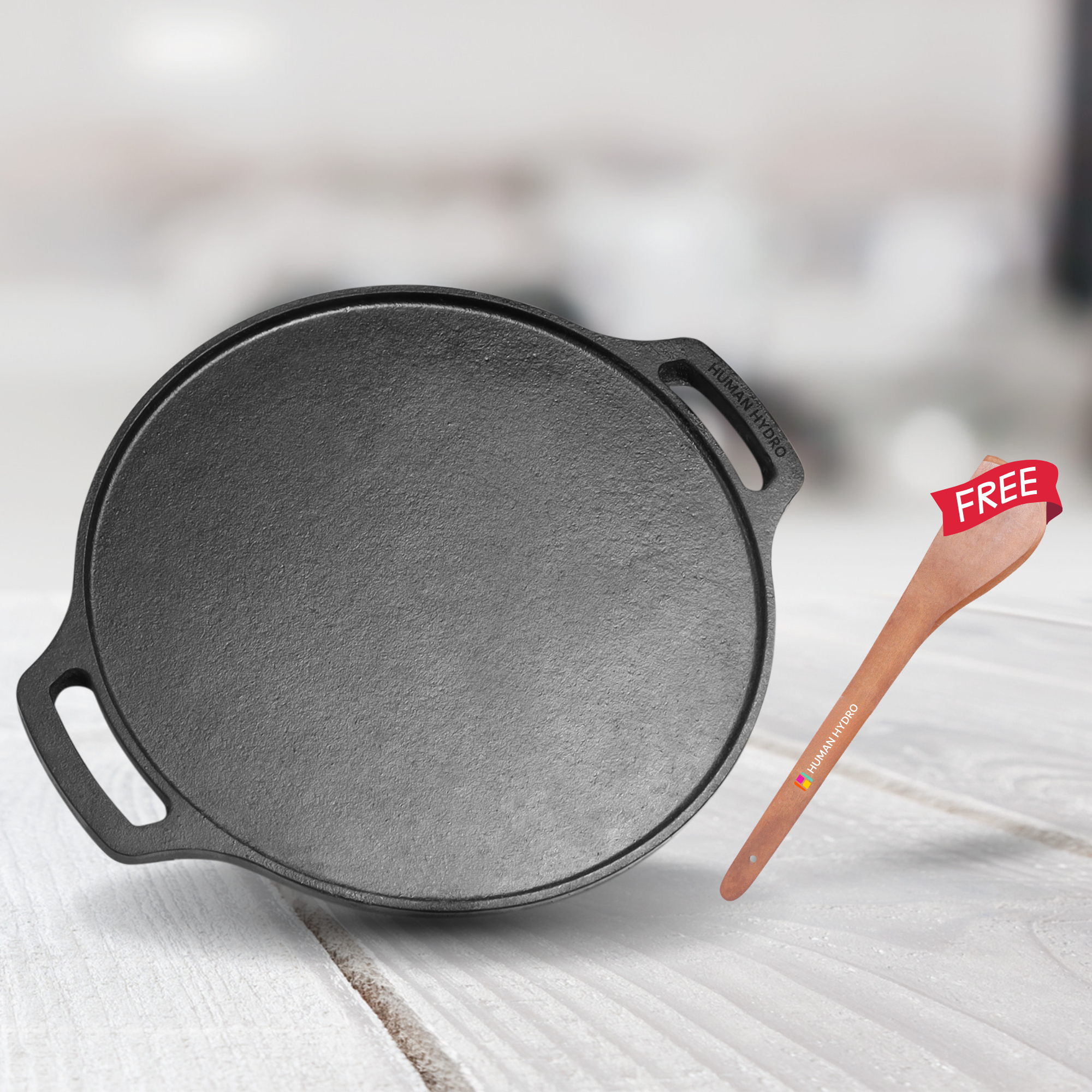 Cast Iron Double Handle Dosa Tawa with Wooden Spatula, 30CM, 2.5KG, Naturally Nonstick & Induction Friendly