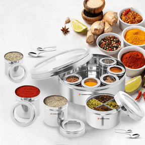 12-in-1 Stainless Steel Masala Dabba with See-Through Lid, Airtight Spice Box & Spice Organizer for Kitchen