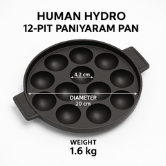 12-Pit Cast Iron Paniyaram Pan with 4mm Glass Lid & Wooden Spatula, 20CM, Pre-Seasoned, Naturally Nonstick, Non-toxic, Gas & Induction Friendly