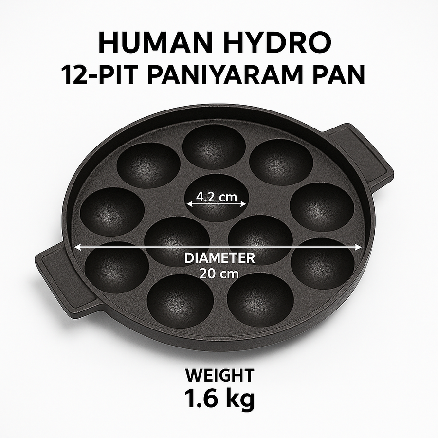12-Pit Cast Iron Paniyaram Pan with 4mm Glass Lid & Wooden Spatula, 20CM, Pre-Seasoned, Naturally Nonstick, Non-toxic, Gas & Induction Friendly