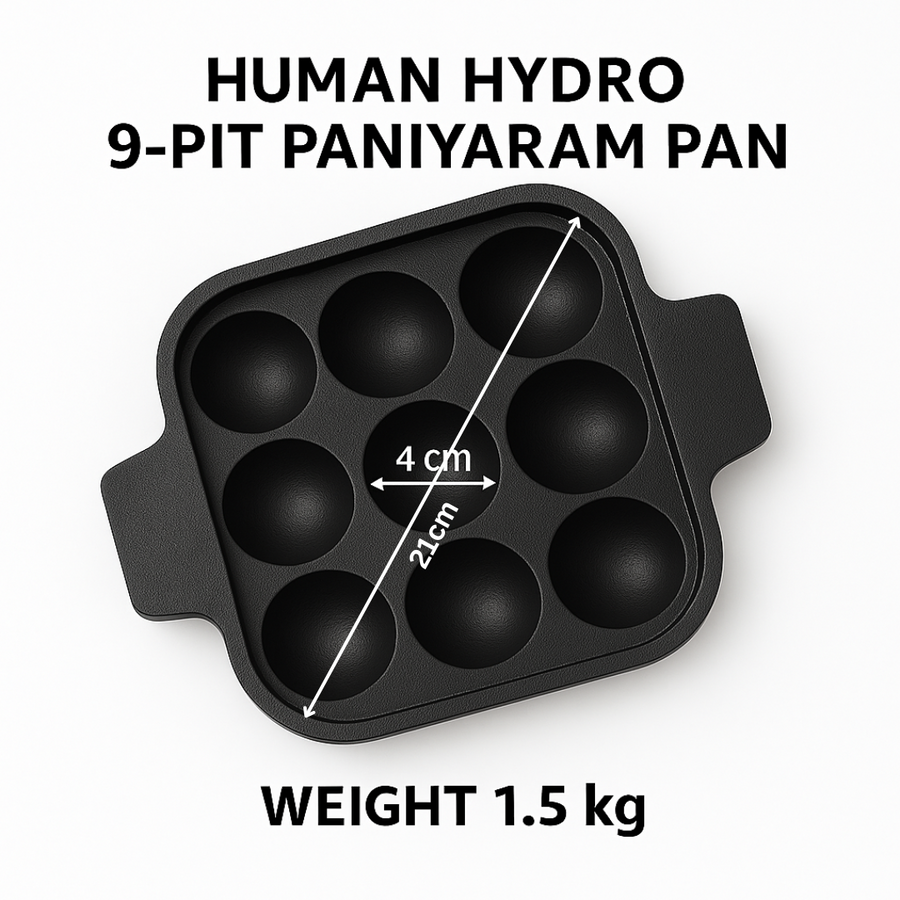 Cast Iron 9-Pit Paniyaram Pan, 21CM, 1.5KG, Naturally Nonstick, Induction & Gas Compatible