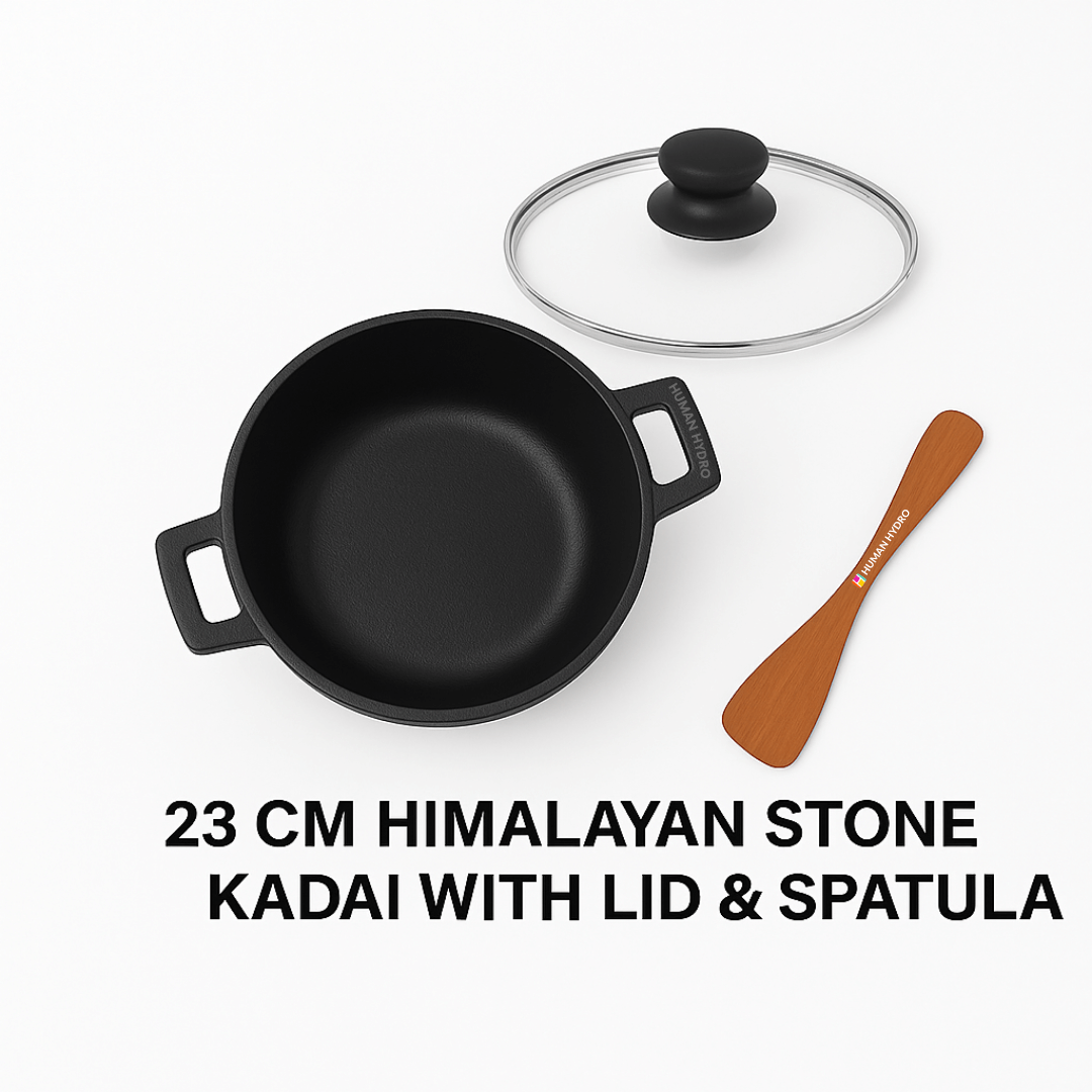 Himalayan stone kadai 23cm with lid and wooden spatula for toxin-free cooking and even heat distribution.