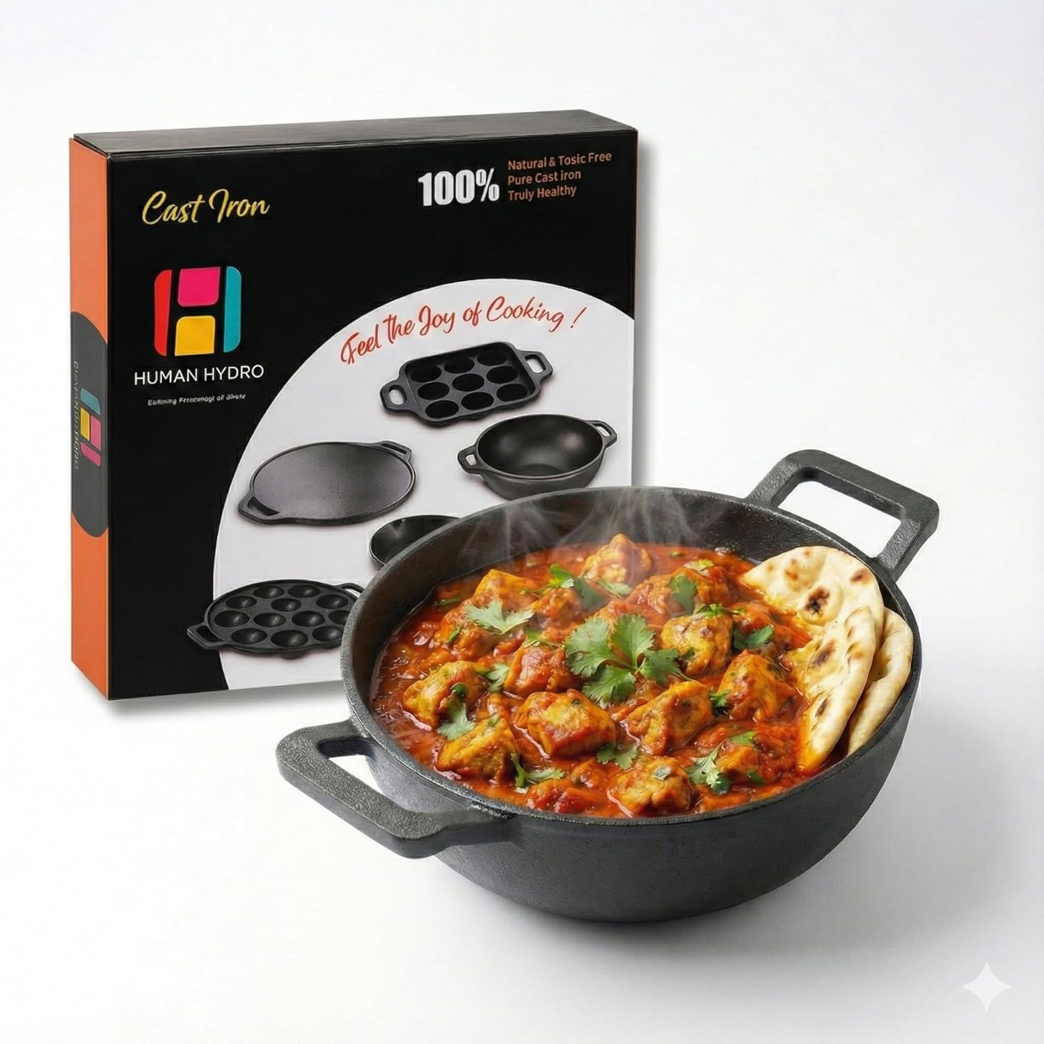 Cast Iron Kadai, 23CM, 2.2L, 2.6KG, Naturally Nonstick, Non-Toxic, Flat Bottom, Gas & Induction Friendly