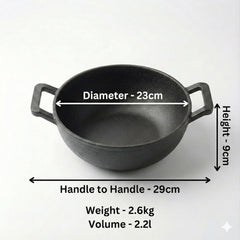 Cast Iron Kadai, 23CM, 2.2L, 2.6KG, Naturally Nonstick, Non-Toxic, Flat Bottom, Gas & Induction Friendly