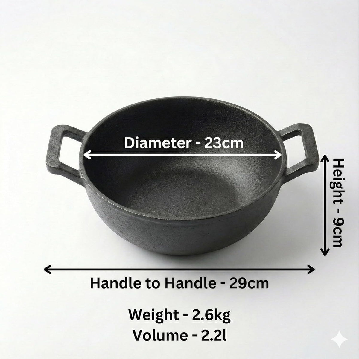 Cast Iron Kadai, 23CM, 2.2L, 2.6KG, Naturally Nonstick, Non-Toxic, Flat Bottom, Gas & Induction Friendly