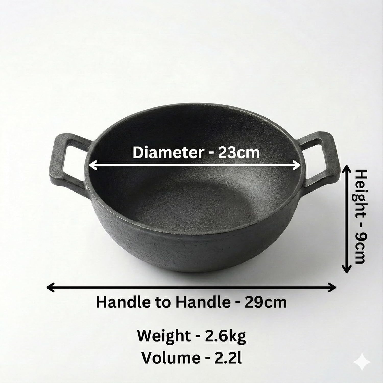 Cast Iron Kadai, 23CM, 2.2L, 2.6KG, Naturally Nonstick, Non-Toxic, Flat Bottom, Gas & Induction Friendly
