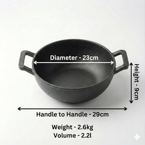 Cast Iron Kadai, 23CM, 2.2L, 2.6KG, Naturally Nonstick, Non-Toxic, Flat Bottom, Gas & Induction Friendly