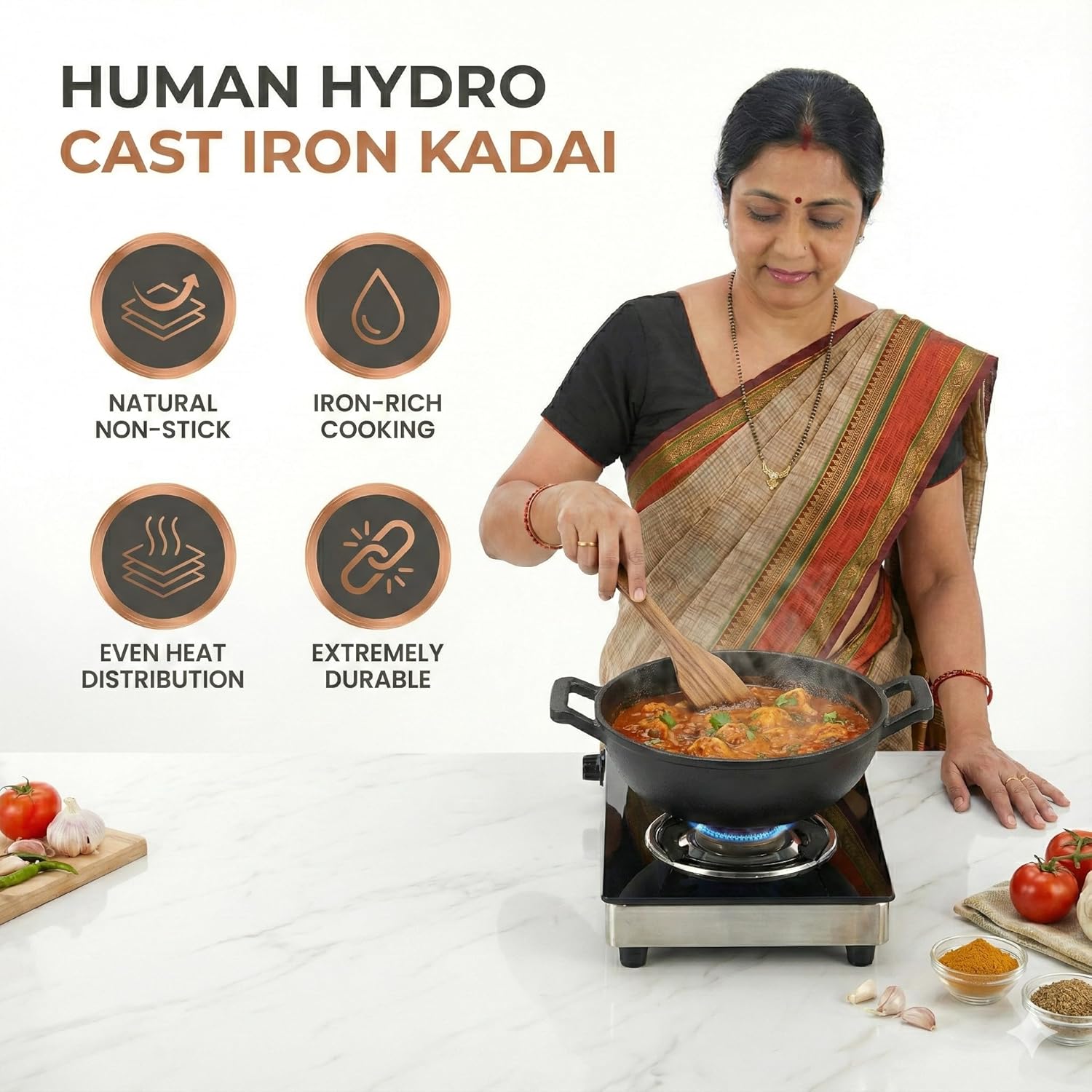 Cast Iron Kadai, 23CM, 2.2L, 2.6KG, Naturally Nonstick, Non-Toxic, Flat Bottom, Gas & Induction Friendly