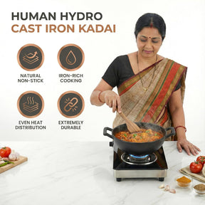 Cast Iron Kadai, 23CM, 2.2L, 2.6KG, Naturally Nonstick, Non-Toxic, Flat Bottom, Gas & Induction Friendly