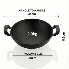 Pre-Seasoned Cast Iron Kadai with Wooden Spatula, 26CM (10.5 Inch), 2.2L, Naturally Nonstick, Non-Toxic, Flat Bottom, Gas & Induction Compatible