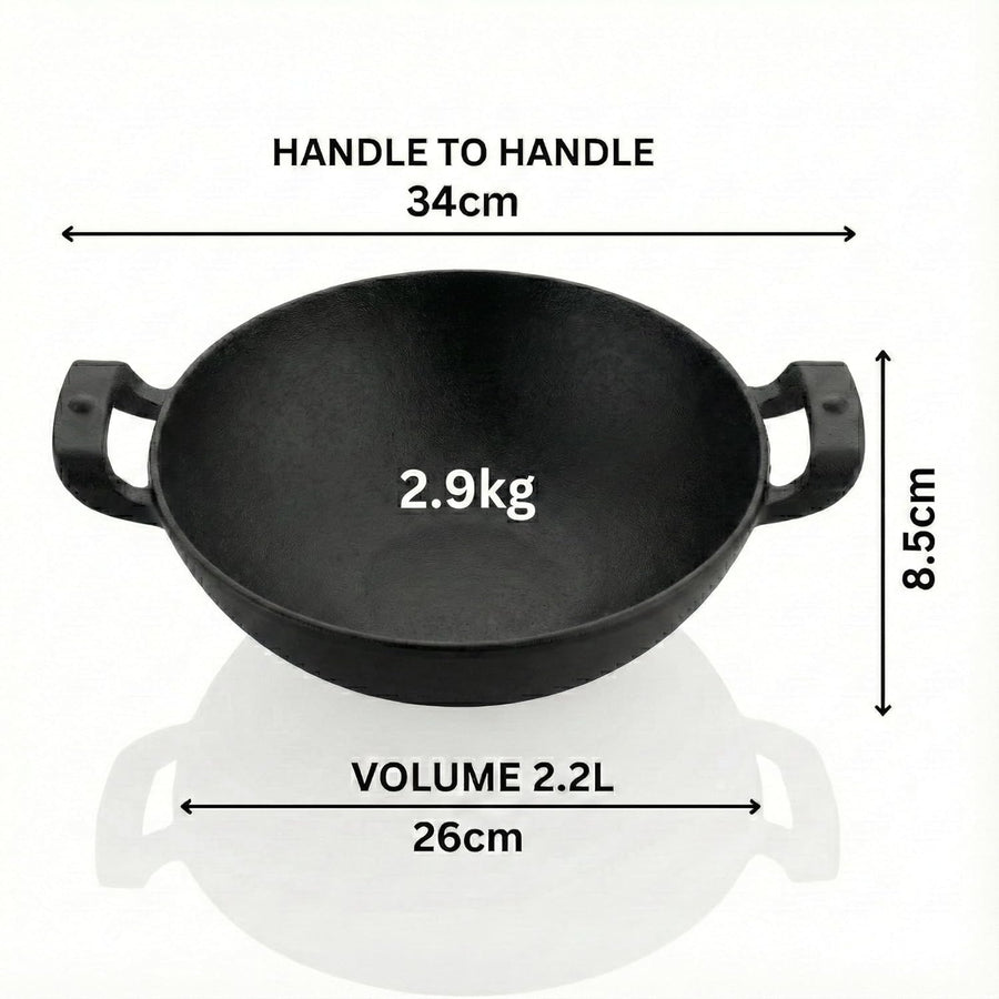 Pre-Seasoned Cast Iron Kadai with Wooden Spatula, 26CM (10.5 Inch), 2.2L, Naturally Nonstick, Non-Toxic, Flat Bottom, Gas & Induction Compatible