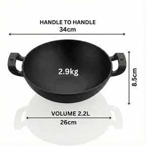 Pre-Seasoned Cast Iron Kadai with Wooden Spatula, 26CM (10.5 Inch), 2.2L, Naturally Nonstick, Non-Toxic, Flat Bottom, Gas & Induction Compatible