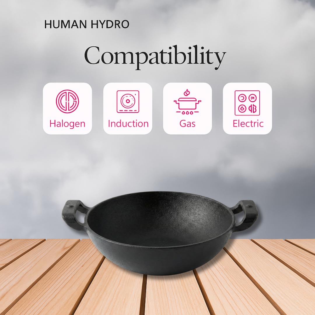 Pre-Seasoned Cast Iron Kadai with Wooden Spatula, 26CM (10.5 Inch), 2.2L, Naturally Nonstick, Non-Toxic, Flat Bottom, Gas & Induction Compatible