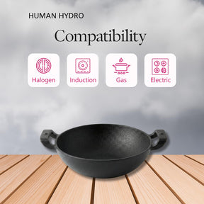 Pre-Seasoned Cast Iron Kadai with Wooden Spatula, 26CM (10.5 Inch), 2.2L, Naturally Nonstick, Non-Toxic, Flat Bottom, Gas & Induction Compatible