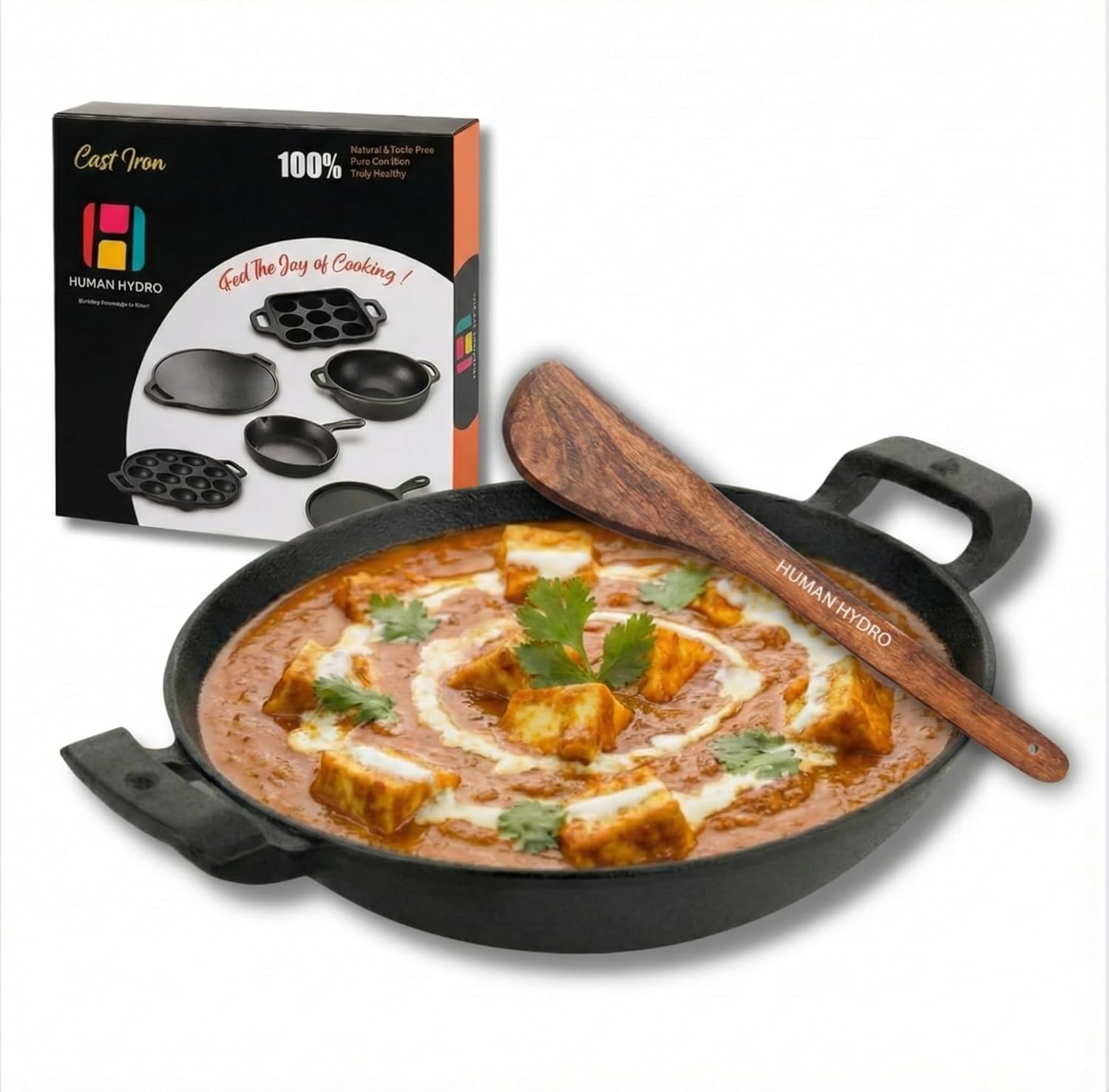 Pre-Seasoned Cast Iron Kadai with Wooden Spatula, 26CM (10.5 Inch), 2.2L, Naturally Nonstick, Non-Toxic, Flat Bottom, Gas & Induction Compatible