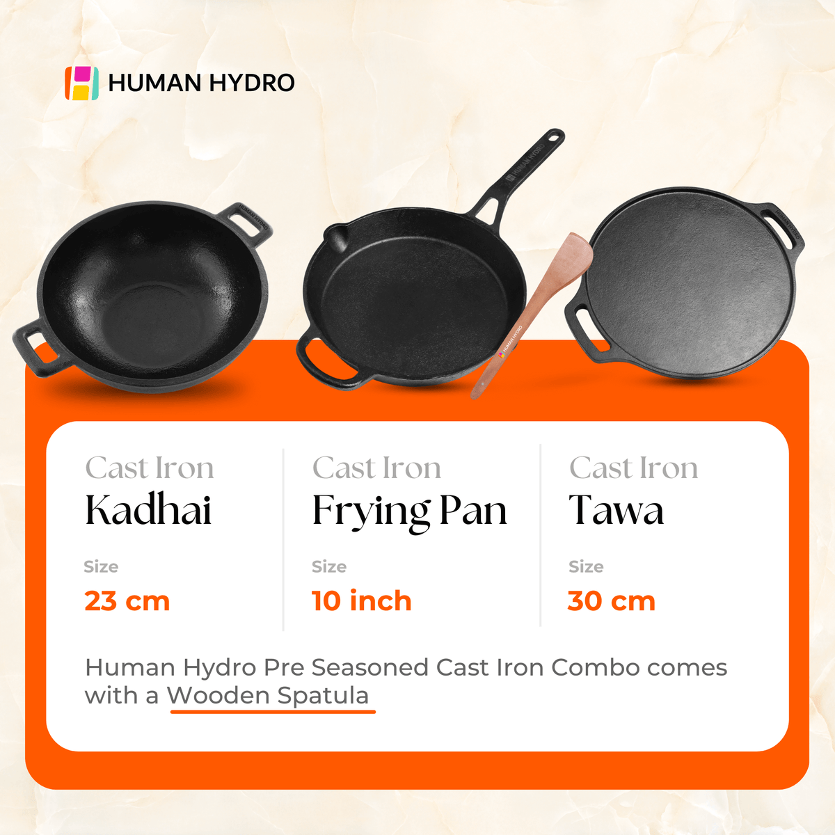 Cast Iron Cookware Set with Free Wooden Spatula, Kadai (23CM), Fry Pan (25CM), Tawa (30CM), Naturally Nonstick, Induction & Gas Compatible