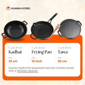 Cast Iron Cookware Set with Free Wooden Spatula, Kadai (23CM), Fry Pan (25CM), Tawa (30CM), Naturally Nonstick, Induction & Gas Compatible