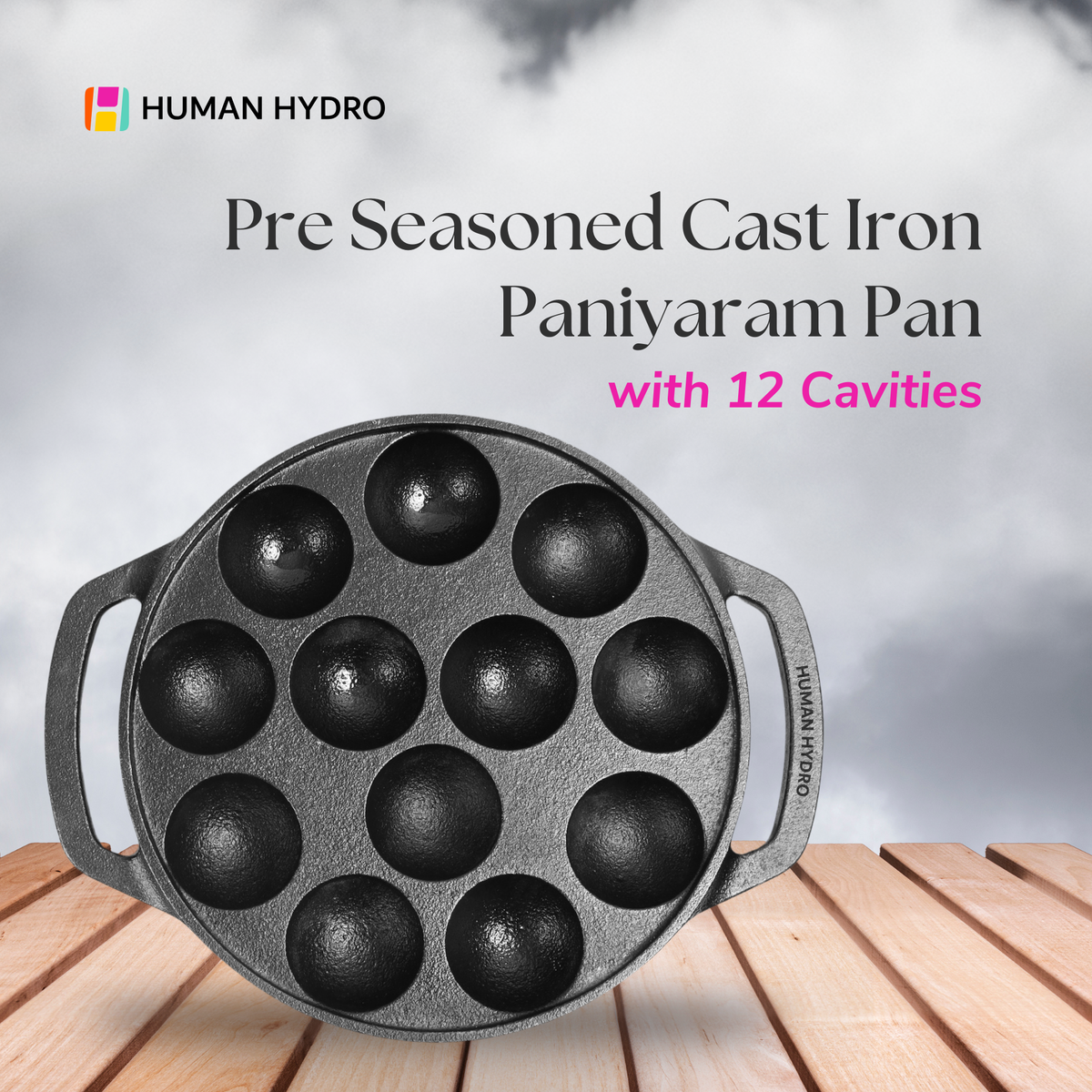 Cast Iron 12-Pit Paniyaram Pan, 20CM, 2.2KG, Naturally Nonstick, Induction & Gas Compatible