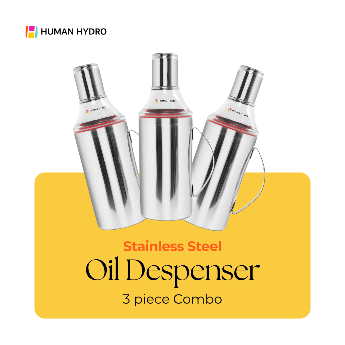 Set of 3 stainless steel oil dispensers by Human Hydro, featuring a sleek design for mess-free oil pouring.