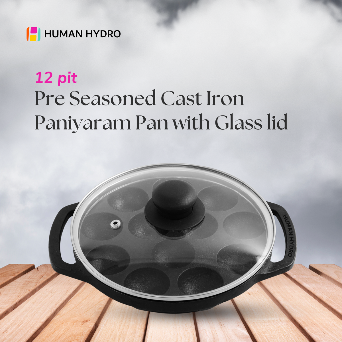 Cast Iron 12-Pit Paniyaram Pan with 4mm Glass Lid, 20CM, Naturally Nonstick, Induction & Gas Compatible