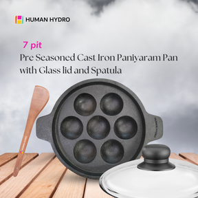 7 pit paniyaram pan with glass lid and spatula text
