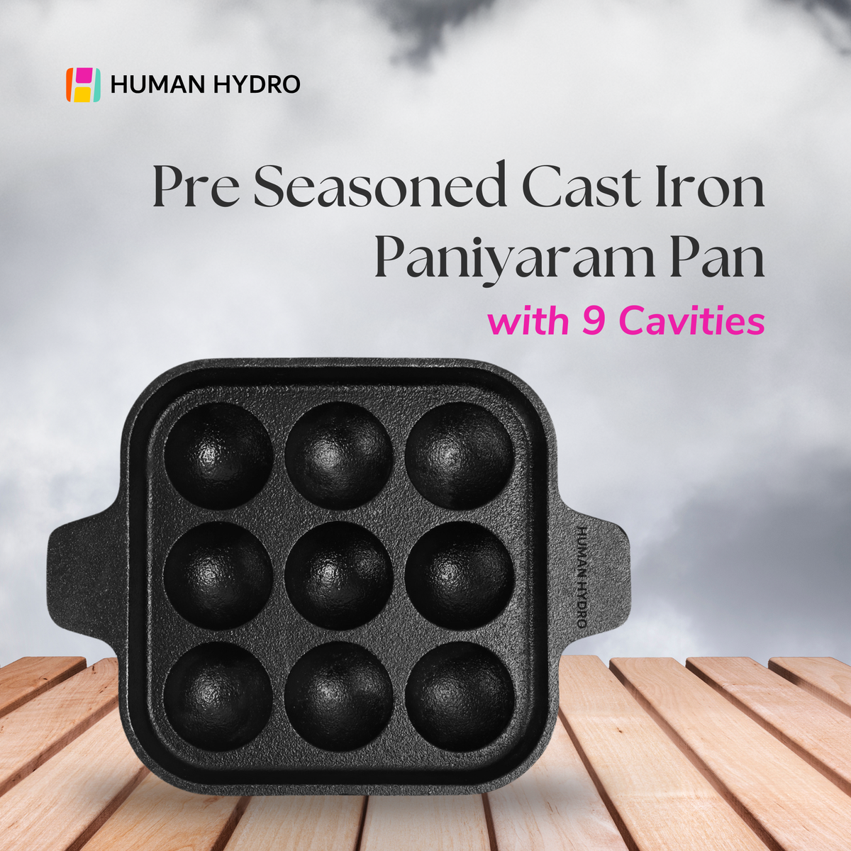 Cast Iron 9-Pit Paniyaram Pan, 21CM, 1.5KG, Naturally Nonstick, Induction & Gas Compatible